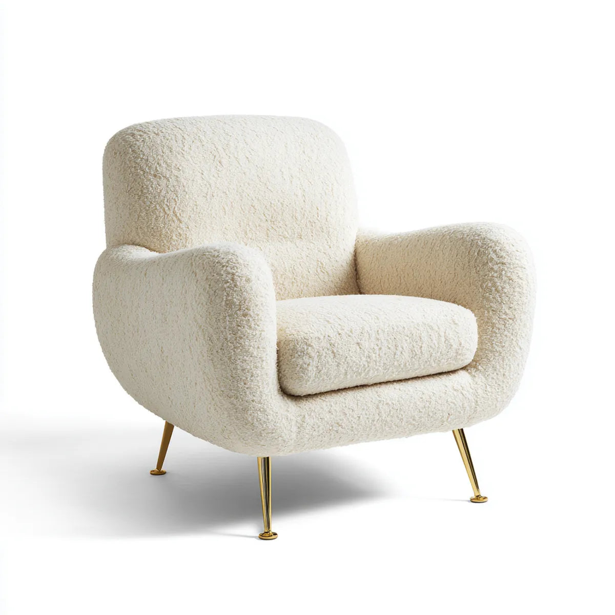 Fauteuil lounge arrondi crème en tissu bouclé polyester 82 x 78 x 84 cm avec pieds en acier doré