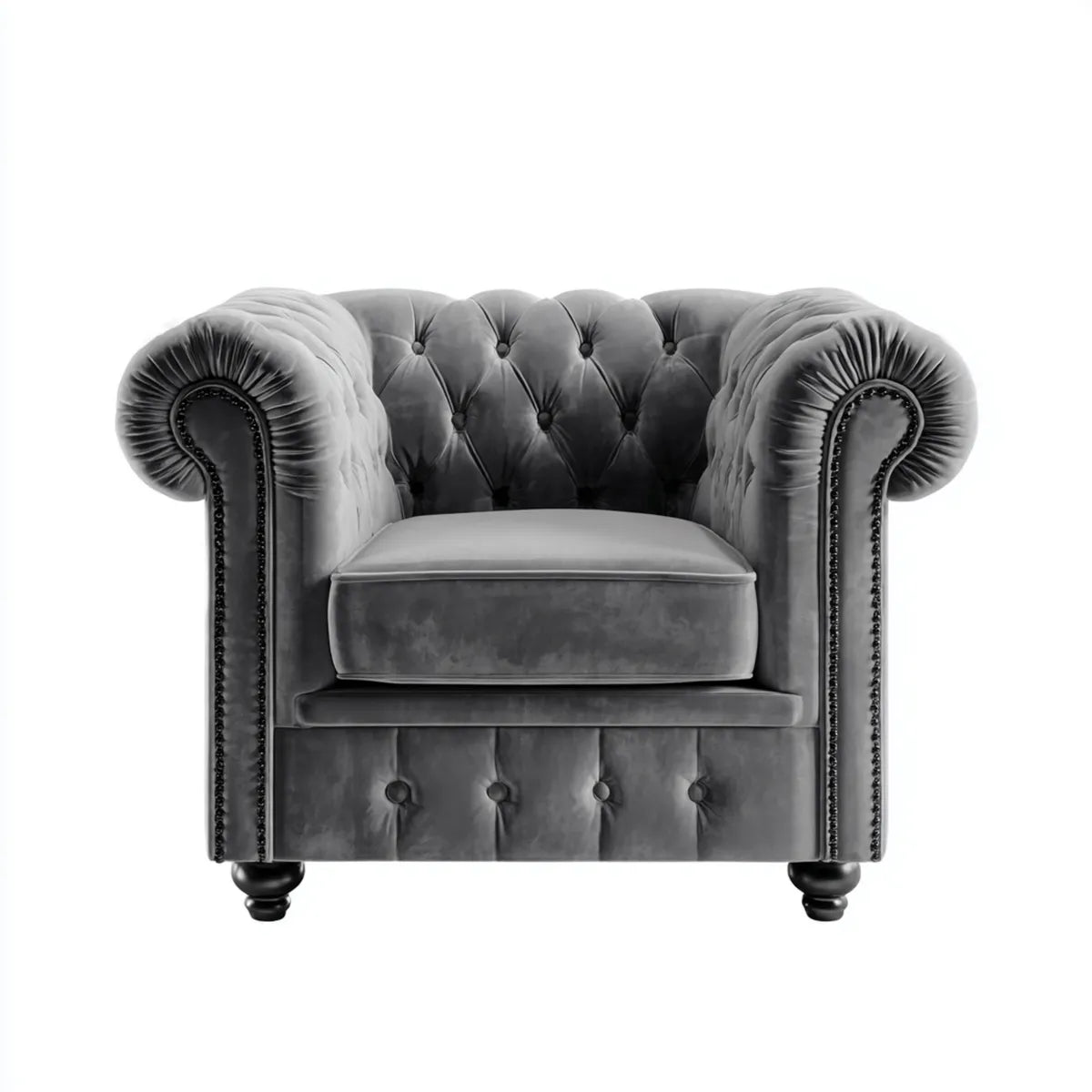 Fauteuil Chesterfield capitonné gris anthracite en velours de polyester 110 x 90 x 80 cm