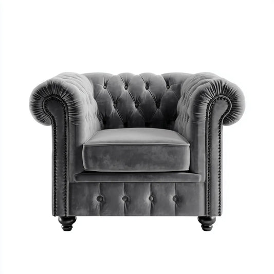 Fauteuil Chesterfield capitonné gris anthracite en velours de polyester 110 x 90 x 80 cm