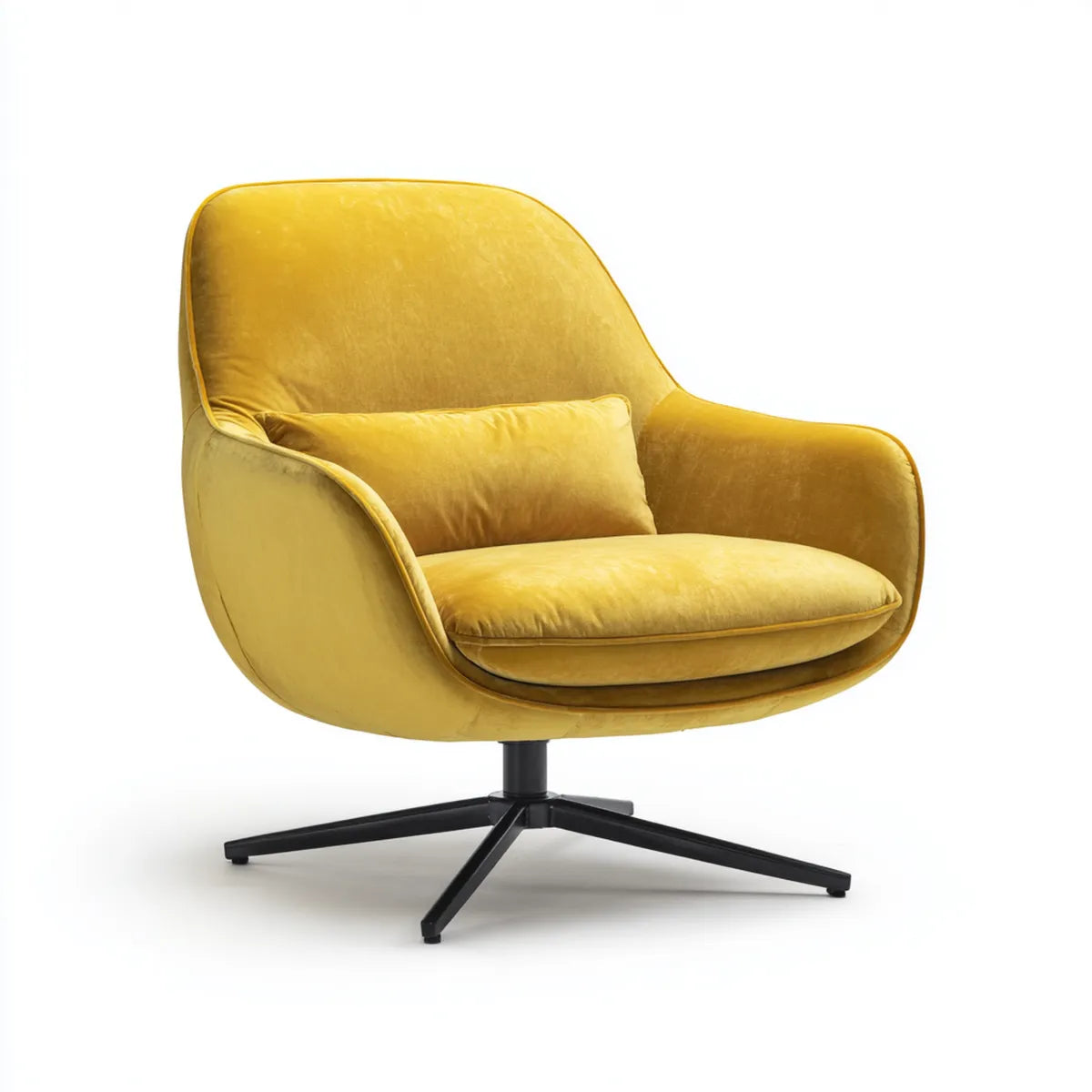 Fauteuil pivotant jaune moutarde en velours polyester avec coussin forme arrondie 82 x 82 x 88 cm