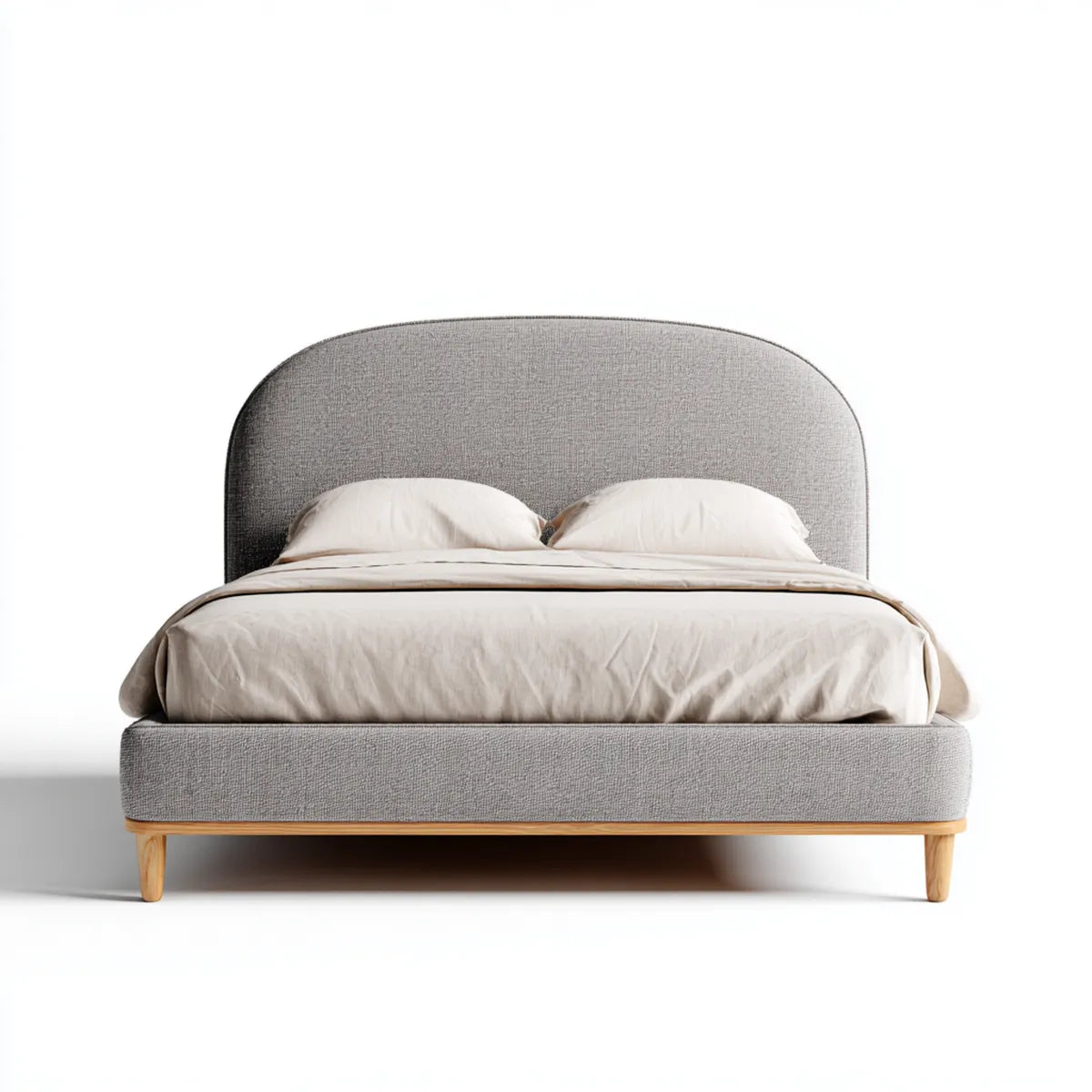 Lit double capitonné gris 160 x 200 cm en polyester avec pieds en bois massif
