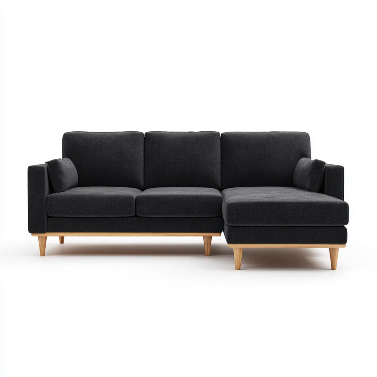 Canapé d'angle droit 3 places noir 250 x 160 x 85 cm en polyester avec pieds en bois massif