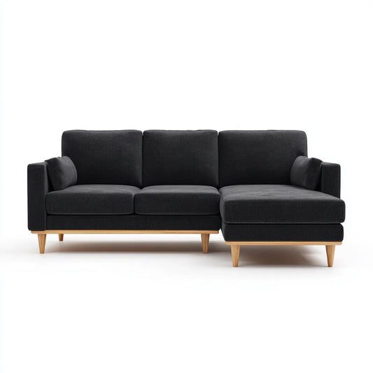 Canapé d'angle droit 3 places noir 250 x 160 x 85 cm en polyester avec pieds en bois massif