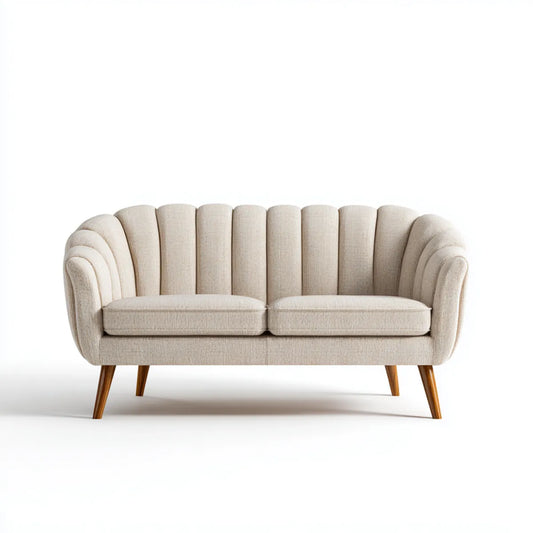 Canapé 2 places écru et brun 170 x 82 x 84 cm en polyester avec pieds en hêtre massif forme arrondie