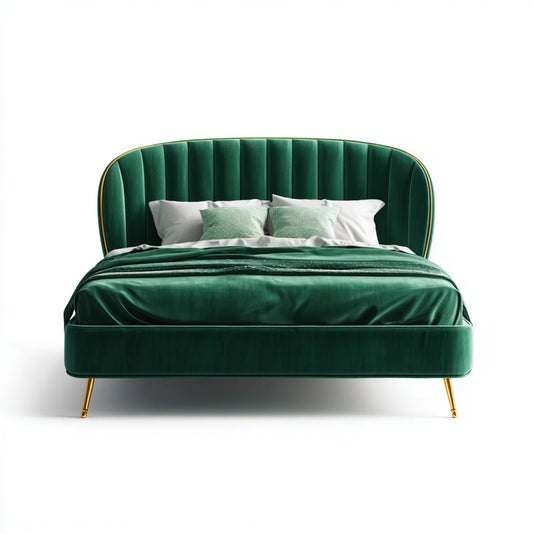 Lit double rembourré vert émeraude 160 x 200 cm en velours polyester avec tête de lit arrondie