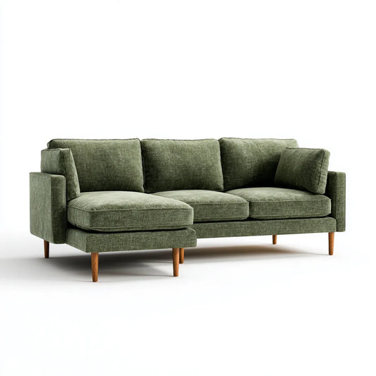Canapé d'angle 3 places avec méridienne gauche vert olive 240 x 160 x 85 cm en polyester et bois massif