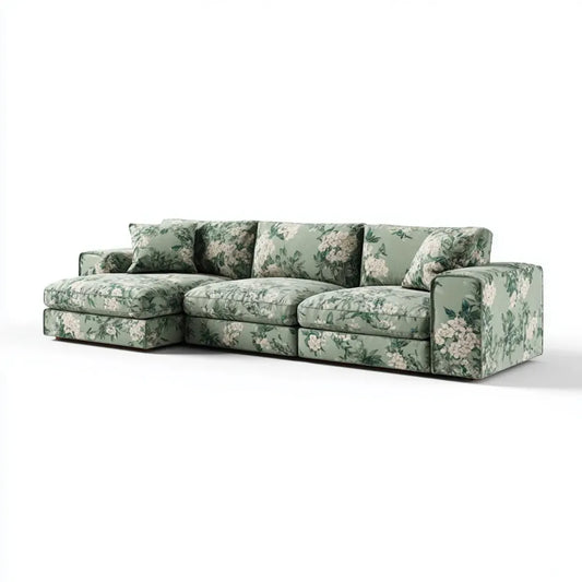 Canapé d'angle 3 places avec méridienne gauche vert sauge à motif floral 270 x 165 x 88 cm polyester forme L